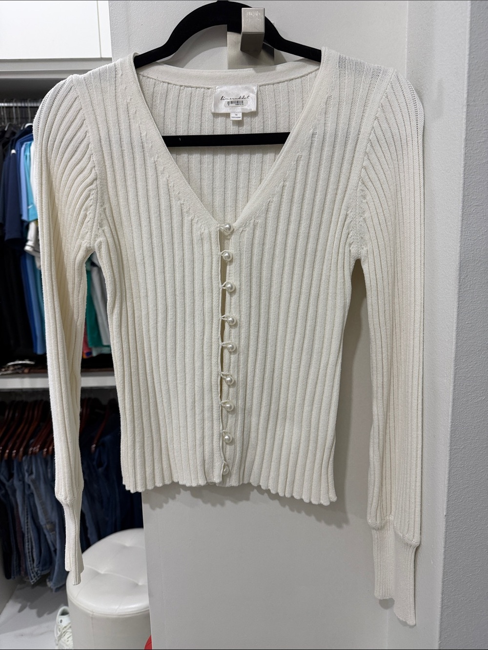 Line & Dot Cream Ribbed V-Neck Button-Front Cardigan